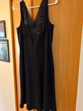 Ann Taylor Black Midi Cocktail Dress with Semi-Sheer Floral V-Neck, Size 12, LBD